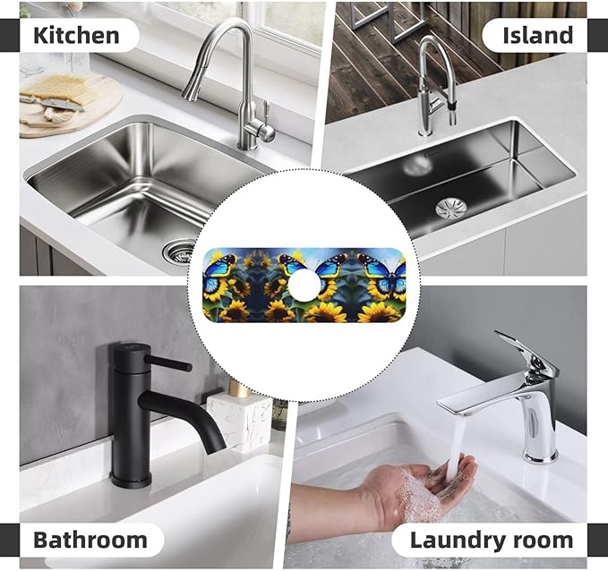 Sunflower Blue Butterfly Printed Faucet Absorbent mat, Suitable for bathrooms, Kitchens, and Other Sink Areas.