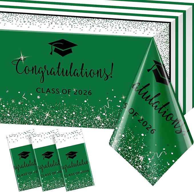 3 Pack Class of 2026 Graduation Tablecloths,Foil Dot Plastic Disposable Rectangle Table Covers for 2026 High School University College Graduation Party Decorations,108*54 Inch (Green and Black)