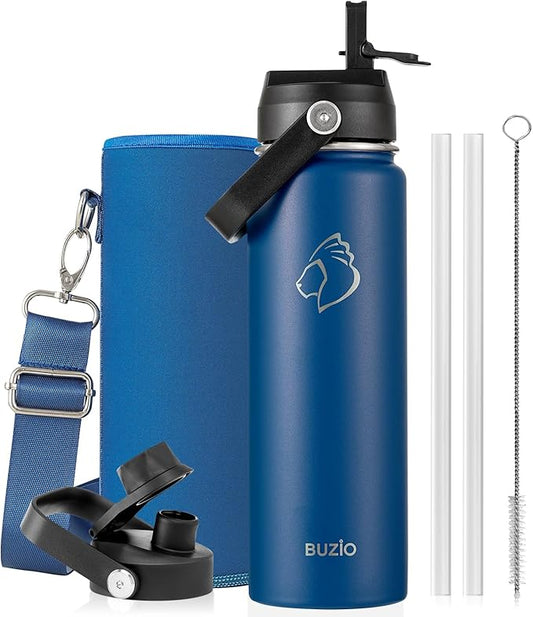 BUZIO 24 oz Insulated Water Bottle, Stainless Steel Wide Mouth Water Flask with Straw Lid, Cold for 48 Hrs Leak Proof Metal Hydro Thermo Canteen Mug, Blue