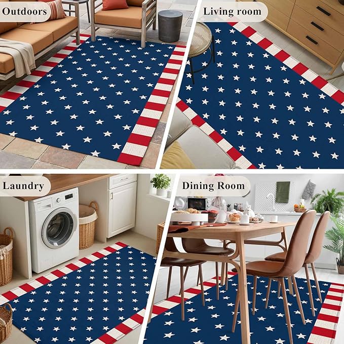 Area Rug 4x6ft, American Independence Day Washable Rugs for Living Room Bedroom, USA Stars on Blue Red White Border Soft Non-Slip Area Rugs Rectangle Floor Carpet for Dining Room