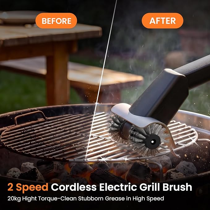 Electric Grill Brush with Water Spray & LED Light, 2600mAh Rechargeable BBQ Cleaner with 2 Speed Modes, 100 Mins Runtime, 304 Stainless Steel Heat Resistant Grill Brush for Outdoor Camping