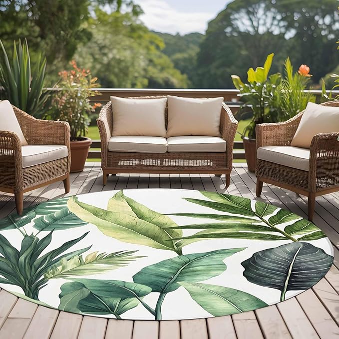 Washable Round Area Rug Summer Green Tropical Palm Leaves Circle Rugs Floor Carpet for Living Room Bedroom, Watercolor Plant Soft Non Slip Round Rug 5ft