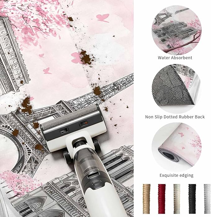 Washable Round Area Rug Modern Pink Flower Paris Landmarks Circle Rugs Floor Carpet for Living Room Bedroom, Towel Architecture Soft Non Slip Round Rug 5ft