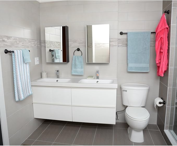 Amazon Basics Modern 5 Piece Bathroom Hardware Set, Oil Rubbed Bronze, Towel Bar, Toilet Paper Holder, Towel Ring, Robe Hook