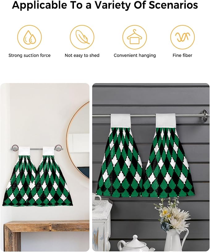 Alandar Home Kitchen Tie Towel Set of 1, Pastoral Style Rhombus Texture Absorbent Soft Hand Towels for Bathroom Hanging Towels, Green White and Black Fast Drying Cleaning Cloth with Loop
