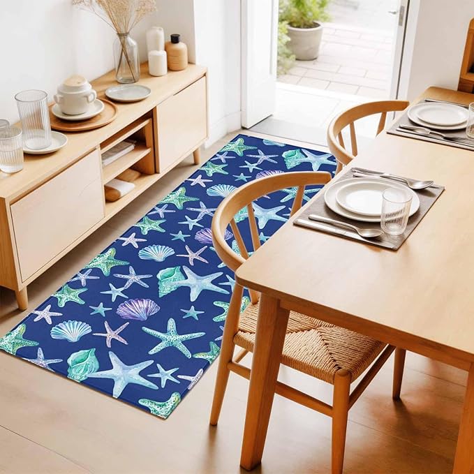 Runner Rug for Bedroom Hallway, Summer Starfish Shell Conch Kitchen Runner Rugs Area Rug 2x6ft, Marine Creature on Blue Washable Soft Floor Carpet for Entryway Stair