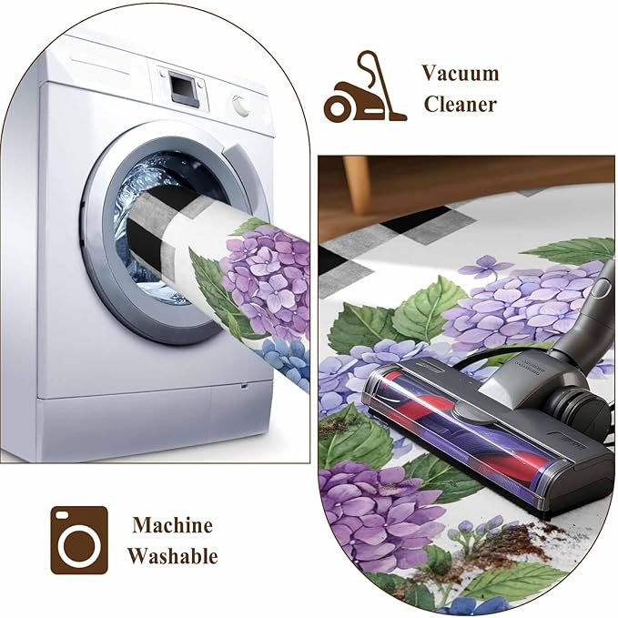 Area Rug 6x9ft, Summer Hydrangea Leaf Washable Rugs for Living Room Bedroom, Purple Blue Flower Buffalo Check Soft Non-Slip Area Rugs Rectangle Floor Carpet for Dining Room