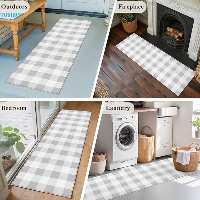 Runner Rug for Bedroom Hallway, Light Grey White Plaid Kitchen Runner Rugs Area Rug 2x6ft, Farmhouse Decoration Buffalo Check Washable Soft Floor Carpet for Entryway Stair