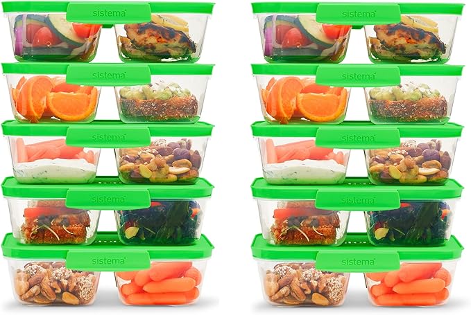 Sistema Nest It Meal Prep Food Storage Containers with Lids, 10-Pack of 3.7-Cup Containers with 2 Divided Compartments, Airtight & Leak-Resistant, Dishwasher, Microwave, & Freezer-Safe, BPA-Free