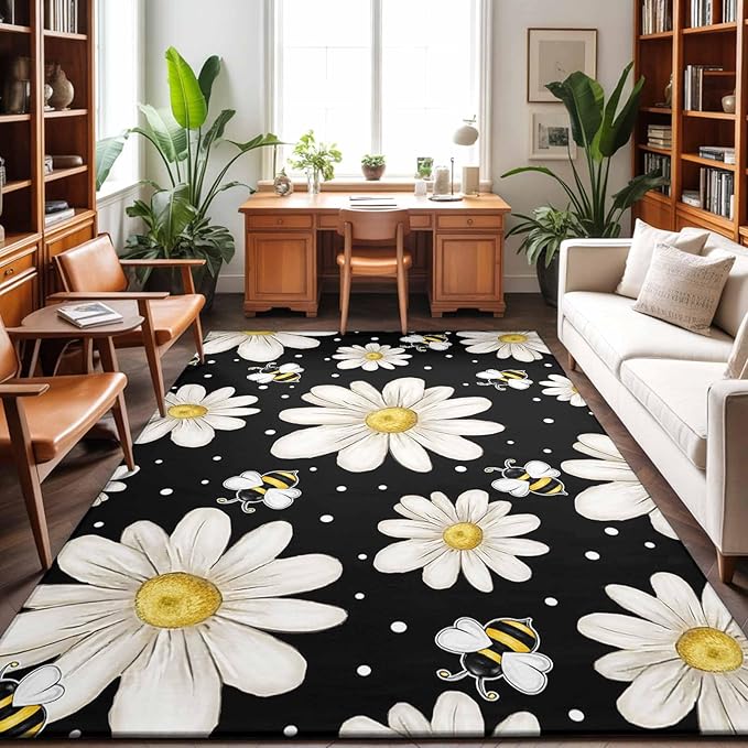 Area Rug 4x6ft, Watercolor White Floral Daisy Bee Washable Rugs for Living Room Bedroom, Blossom Flower on Black Soft Non-Slip Area Rugs Rectangle Floor Carpet for Dining Room