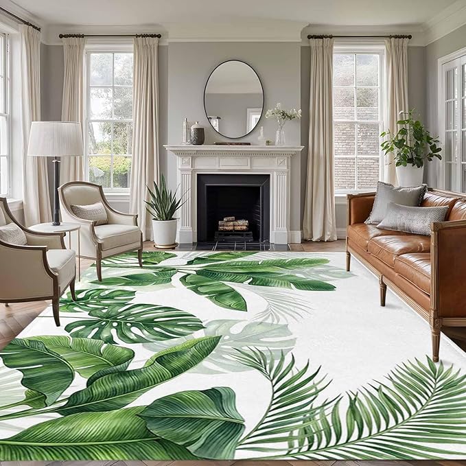 Area Rug 9x12ft, Watercolor Green Tropical Leaves Washable Rugs for Living Room Bedroom Rectangle Floor Carpet, Botanical Palm Leaf Plants Soft Non-Slip Area Rugs for Dining Room