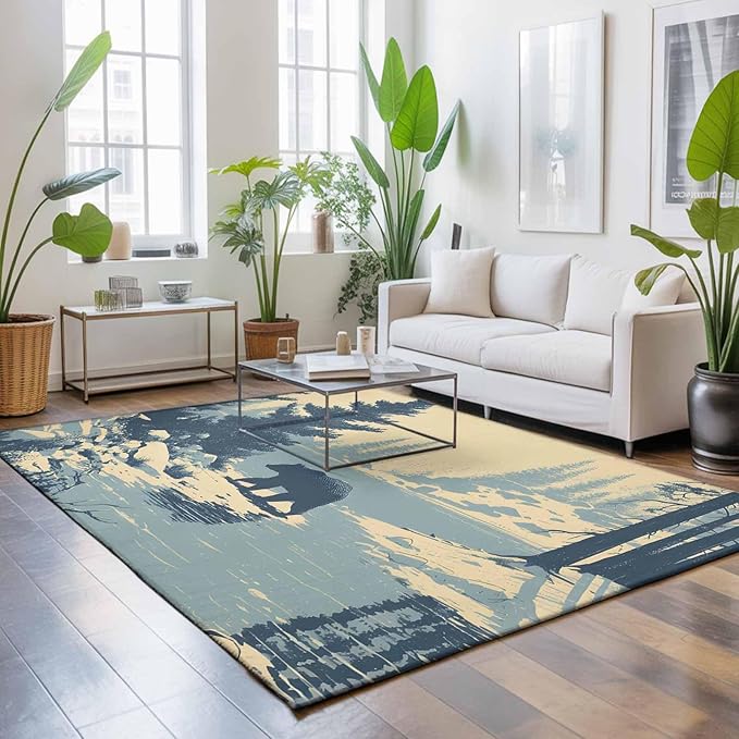Area Rug 9x12ft, Winter Bear Evergreen Trees Washable Rugs for Living Room Bedroom Rectangle Floor Carpet, Rustic Snow River Soft Non-Slip Area Rugs for Dining Room