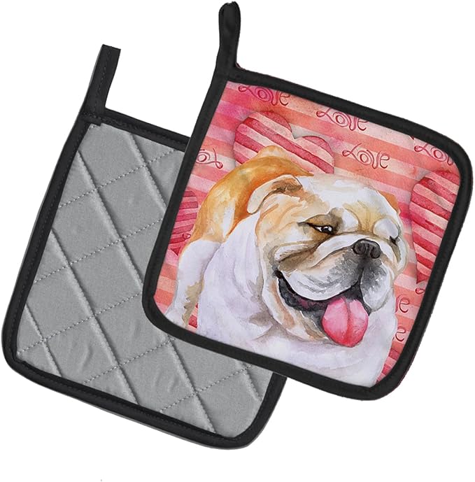 Caroline's Treasures BB9726PTHD English Bulldog Love Pair of Pot Holders, Red Kitchen Heat Resistant Pot Holders Sets Oven Hot Pads for Cooking Baking BBQ, 7 1/2 x 7 1/2