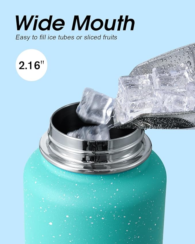 Coolflask Water Bottle 32 oz Insulated with Straw, Stainless Steel Metal 3 Lids Water Flask Wide Mouth for Sports or Office, Non-BPA Keep Cold Up to 48 Hrs or Hot Up to 24 Hrs, Glacier Blue