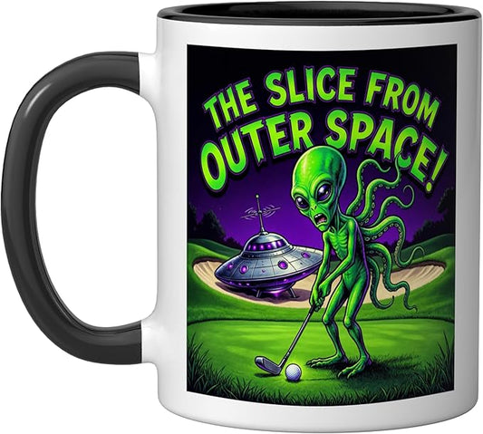 Funny Golfing Alien The Slice From Outer Space Retro UFO Ceramic Mug, Black/White