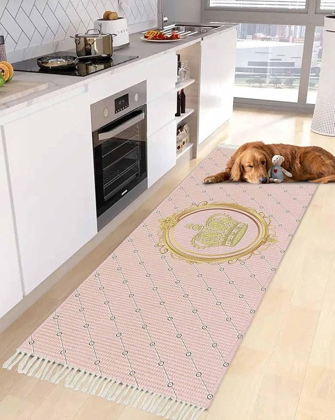 Kitchen Runner Rugs, Golden Crown Queen Pink Lattice 2'x5' Throw Rug with Tassels, White Dot Washable Soft Floor Carpet Runner for Hallway Bedroom Bathroom Laundry Room