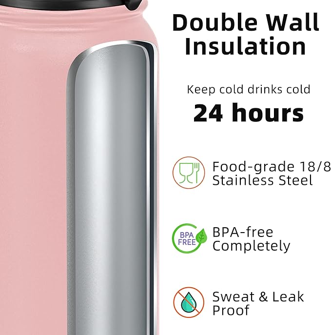 Fanhaw 40 oz Insulated Stainless Steel Water Bottle with Straw Lid, Leakproof Extra-Large Sports Bottle for Men & Women (Pink)