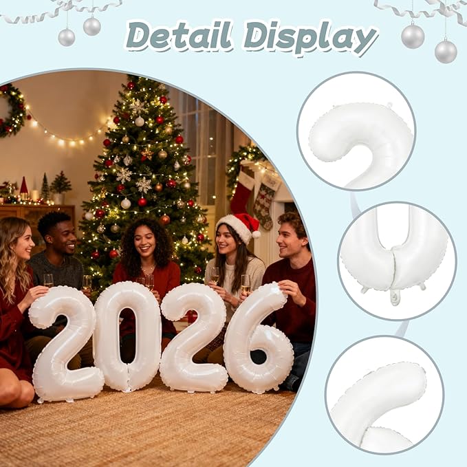 White 2026 Balloons, Jumbo 40 Inch Foil 2026 Number Balloons, Grad Balloons for Class of 2026 Graduation Party, White Matellic Foil New Year Birthday Home Office Party Supplies
