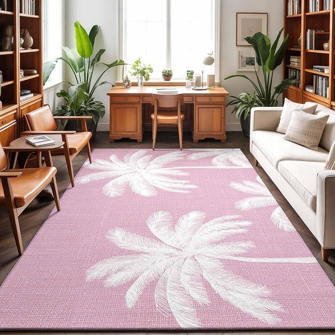 Area Rug 4x6ft, Boho Pink Palm Trees Vintage Washable Rugs for Living Room Bedroom, Summer Tropical Leaves Soft Non-Slip Area Rugs Rectangle Floor Carpet for Dining Room