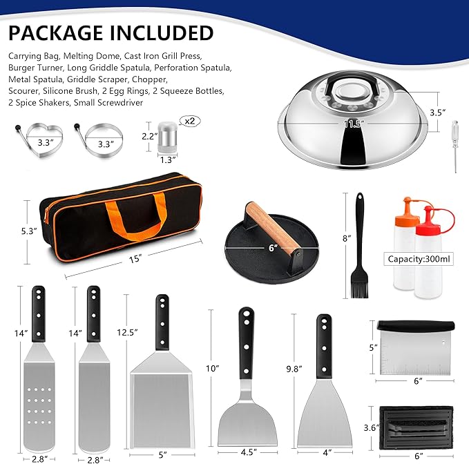 18Pcs Griddle Accessories Kit for Blackstone, Joyfair Flattop Grilling Accessory Set with Smash Burger Press, Stainless Steel Spatula Tools with Basting Cover for Outdoor BBQ Cooking (ABS Handles)