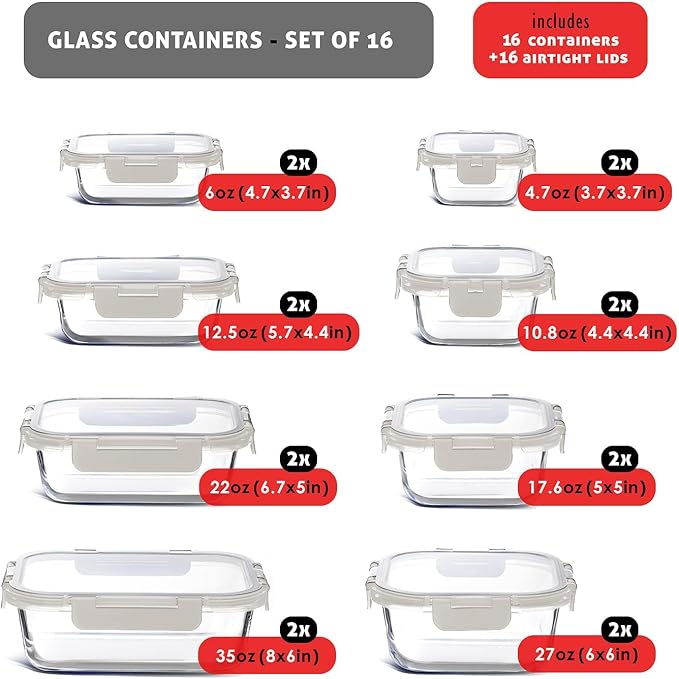 EATEX 32pc Glass Storage Containers with Lids, 16 Glass Food Storage Containers with 16 Airtight Lids for Pantry & Kitchen, Meal Prep Containers for Lunch, Oven Freezer Microwave & Dishwasher Safe