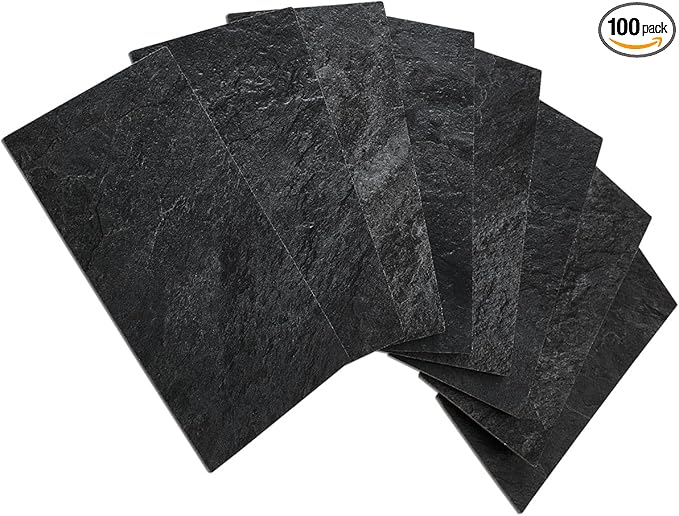 AULIGET 100 Piece Black Slate Peel and Stick Backsplash Wall Tiles, 3" x 6" PVC Faux Stone Stick on Tiles for Backsplash Kitchen, Bathroom, Laundry Room, Camper, Fireplace