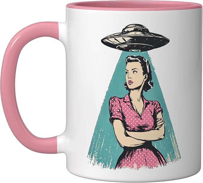 Retro 1950s UFO Pinup Woman Sci Fi Alien Design Ceramic Mug, Pink/White