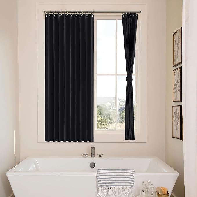 NICETOWN Black Blackout Curtains for Kitchen - Accordion Style Thermal Insulated Sliding Door Curtain Draperies Energy Saving Short Window Blinds for Living Room Bedroom, 52 x 63 inch, 1 Panel
