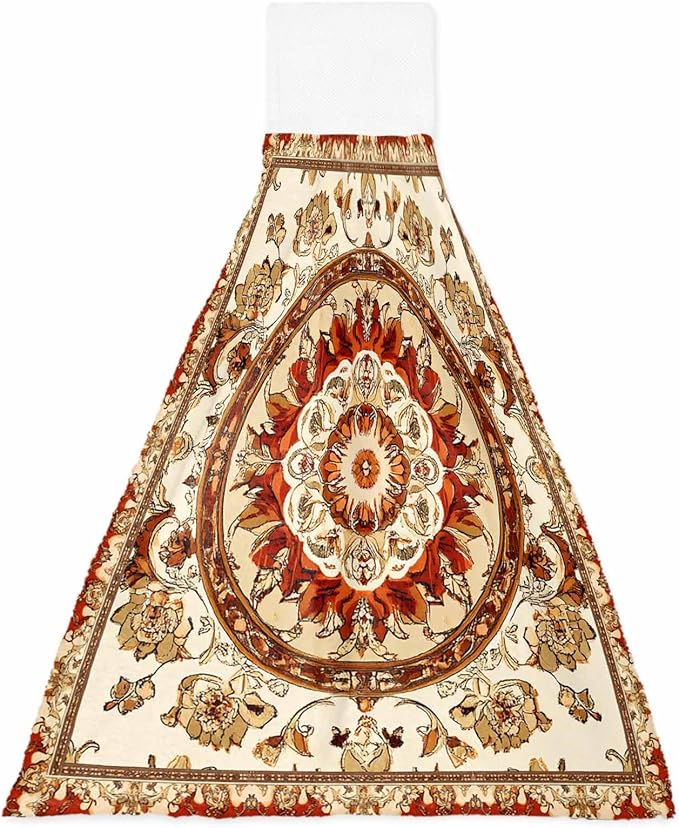 Alandar Home Kitchen Tie Towel Set of 1, Abstract Flower Bohemian Pattern Absorbent Soft Hand Towels for Bathroom Hanging Towels, Blossom Floral Retro Geometric Fast Drying Cleaning Cloth with Loop