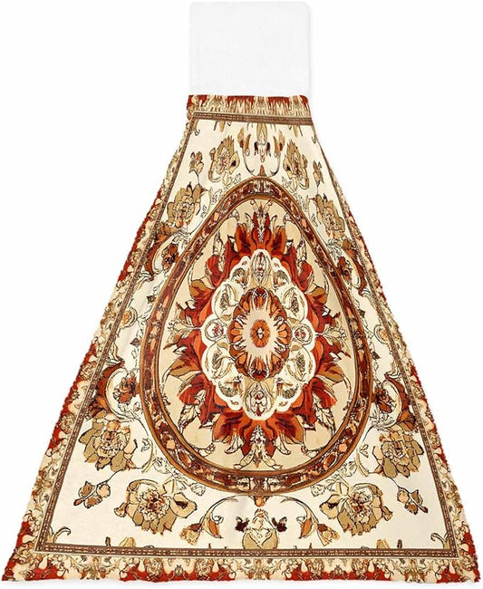 Alandar Home Kitchen Tie Towel Set of 1, Abstract Flower Bohemian Pattern Absorbent Soft Hand Towels for Bathroom Hanging Towels, Blossom Floral Retro Geometric Fast Drying Cleaning Cloth with Loop