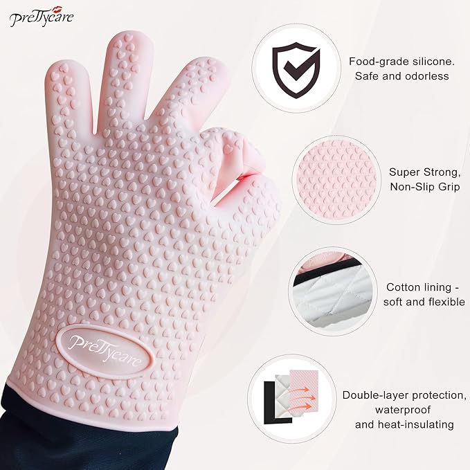PrettyCare Silicone Oven Mitts, Waterproof & Non-Slip Oven Gloves with Fingers,Cotton Lined Silicone Oven Gloves Kitchen Mitts-Heat Resistant for Baking Cooking BBQ,Women（Pink