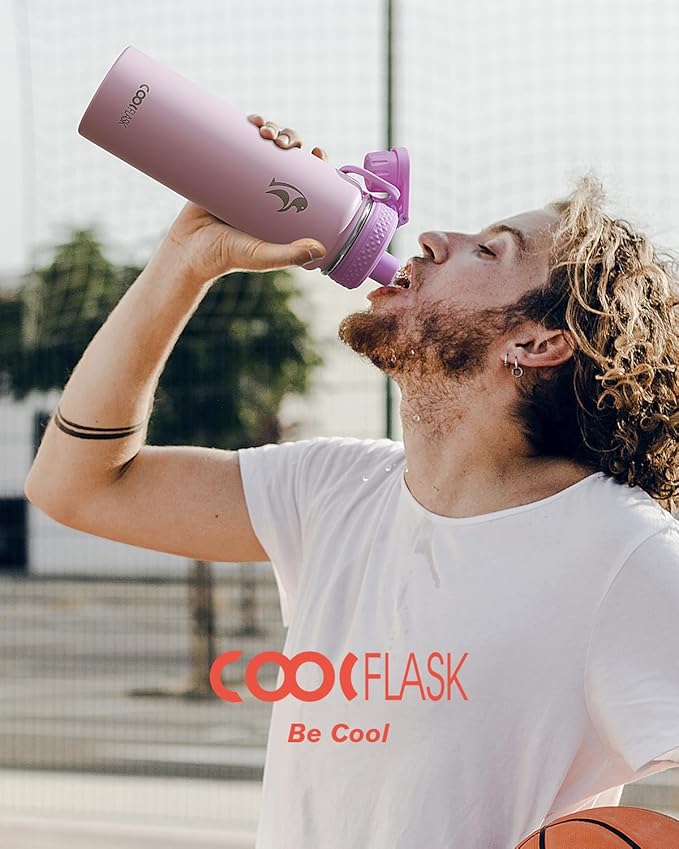 Coolflask Water Bottle 40 oz Insulated with Straw, Stainless Steel Metal 3 Lids Water Flask for Sports or Office, Keep Cold 48H Hot 24H, Pink