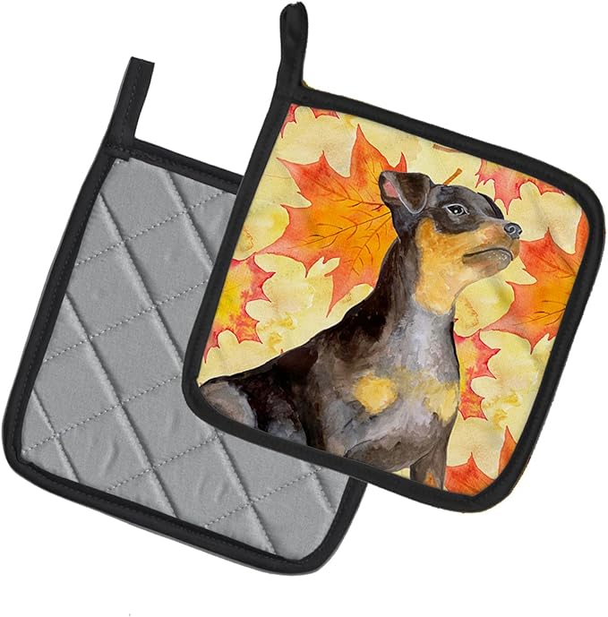 Caroline's Treasures BB9985PTHD Miniature Pinscher #2 Fall Pair of Pot Holders, Yellow Kitchen Heat Resistant Pot Holders Sets Oven Hot Pads for Cooking Baking BBQ, 7 1/2 x 7 1/2