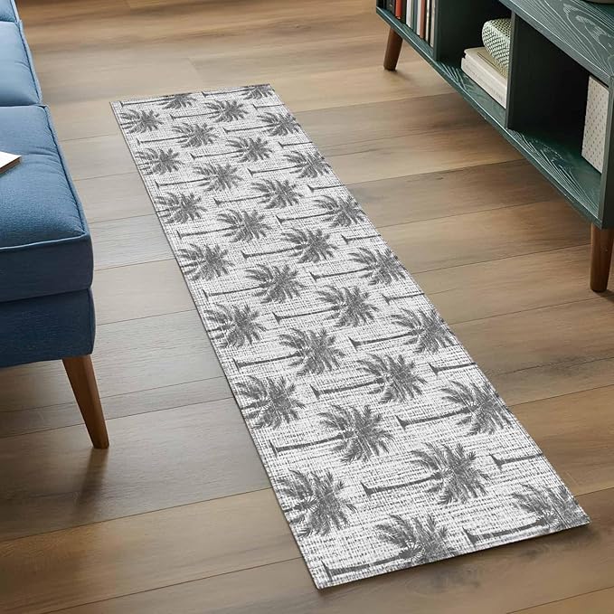 Runner Rug for Bedroom Hallway, Summer Palm Tree Retro Linen Kitchen Runner Rugs Area Rug 2x6ft, Tropical Gray Botanical Washable Soft Floor Carpet for Entryway Stair