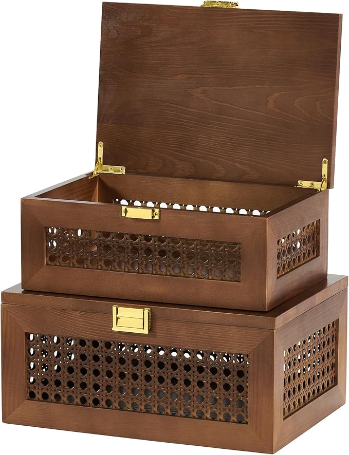 Decorative Rattan Storage Boxes Solid Wood Woven Baskets Bins with Lid Keepsake Memory Jewelry Box Natural Boho Shelf Wicker Closet Desk Organizer Container (Walnut Color, Small Size)