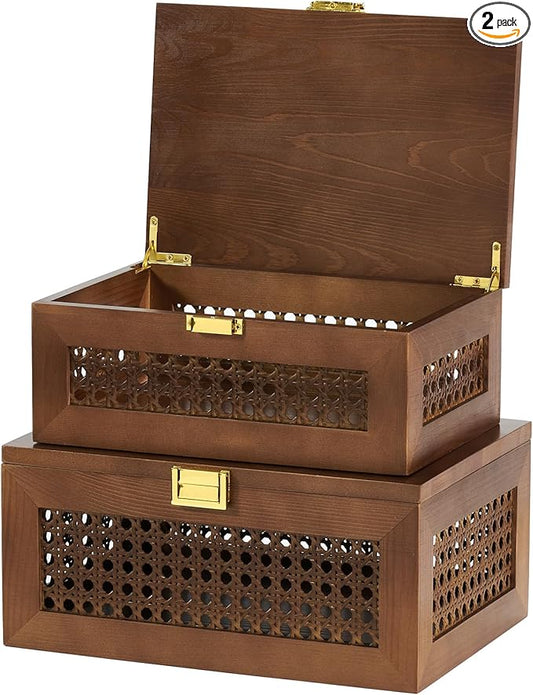 2PCS Decorative Rattan Storage Boxes Solid Wood Baskets Bins with Lid Keepsake Memory Jewelry Box Natural Boho Shelf Wicker Closet Desk Organizer Container (Walnut, 1 Large 1 Small)