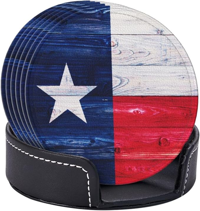 Texas Flag Wooden Leather Drinks Coasters with Holder, Set of 6, Suitable for Various Cups