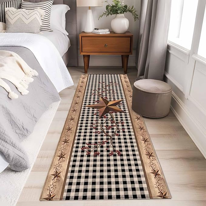 Brown Texas Star Retro 2x6 Kitchen Runner Rug, Country Star Non-Skid Rubber Backing Large Rectangle Rugs - Living Room Bedroom Home Office, Black White Plaid Wood Indoor Floor Mat Carpets Washable Rug