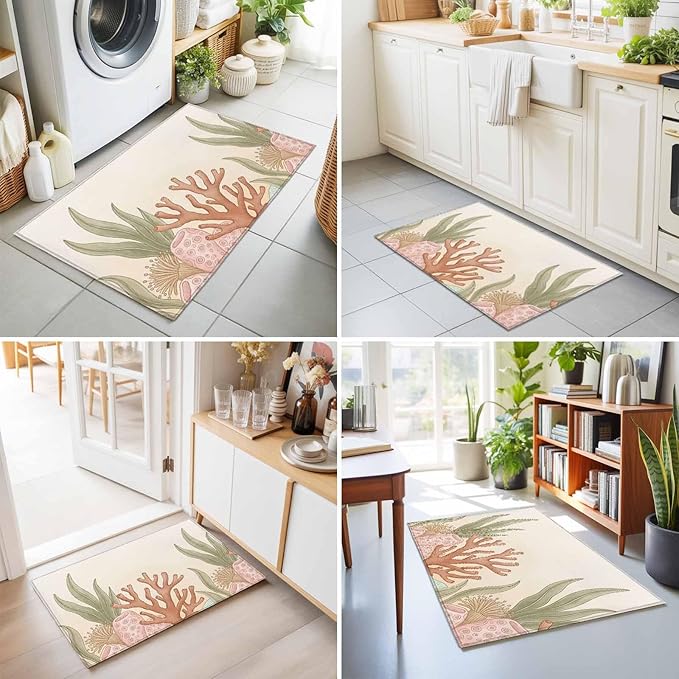 Area Rug 2x3ft, Ocean Coral Seaweed Shell Reef Washable Rugs for Living Room Bedroom, Watercolor Marine Theme Soft Non-Slip Area Rugs Rectangle Floor Carpet for Dining Room