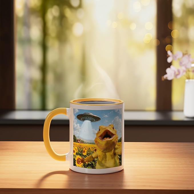 Funny Bearded Dragon Selfie with Alien UFO Ceramic Mug, Yellow/White