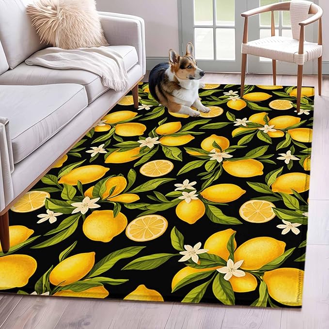 Area Rug 3x5ft, Summer Lemon Flower Washable Rugs for Living Room Bedroom, Plant on Black Soft Non-Slip Area Rugs Rectangle Floor Carpet for Dining Room