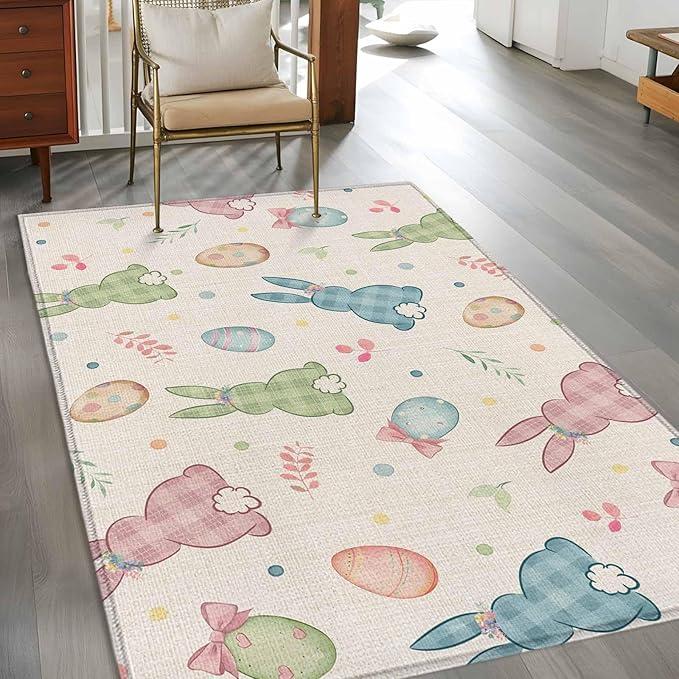 Area Rug 3x5ft, Happy Easter Cute Plaid Bunny Washable Rugs for Living Room Bedroom, Colorful Egg Leaves Farm Linen Soft Non-Slip Area Rugs Rectangle Floor Carpet for Dining Room