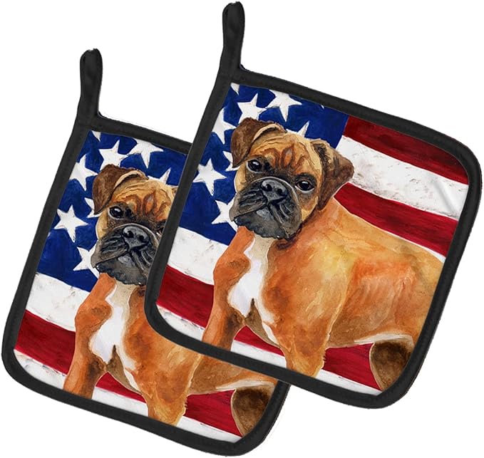 Caroline's Treasures BB9640PTHD German Boxer Patriotic Pair of Pot Holders Kitchen Heat Resistant Pot Holders Sets Oven Hot Pads for Cooking Baking BBQ, 7 1/2 x 7 1/2