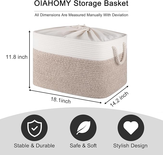 OIAHOMY Storage Basket for Organizing, Blanket Storage With Drawstring, Collapsible Storage Bin With Liner, Basket for Shelves, Blanket Basket Living Room-18”x14”x12”- Brown/White