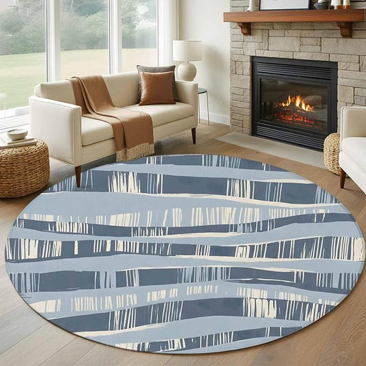 Washable Round Area Rug Navy Blue Ocean Waves Coastal Horizon Circle Rugs Floor Carpet for Living Room Bedroom, Abstract Art Soft Non Slip Round Rug 5ft