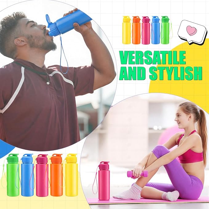 Maxcheck 30 Pieces Water Bottle Bulk 17 oz Plastic Sports Water Bottles Bulk with Handle Strap Lightweight Leakproof Drink Flip Top for Adults Fit Gym(Bright Style,Bright Color)