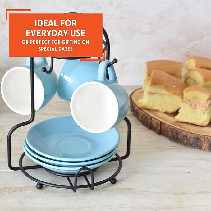 IMUSA USA 8pc 3oz Blue and White Espresso Cups & Saucers Set w/Storing Rack, 8pc, Teal