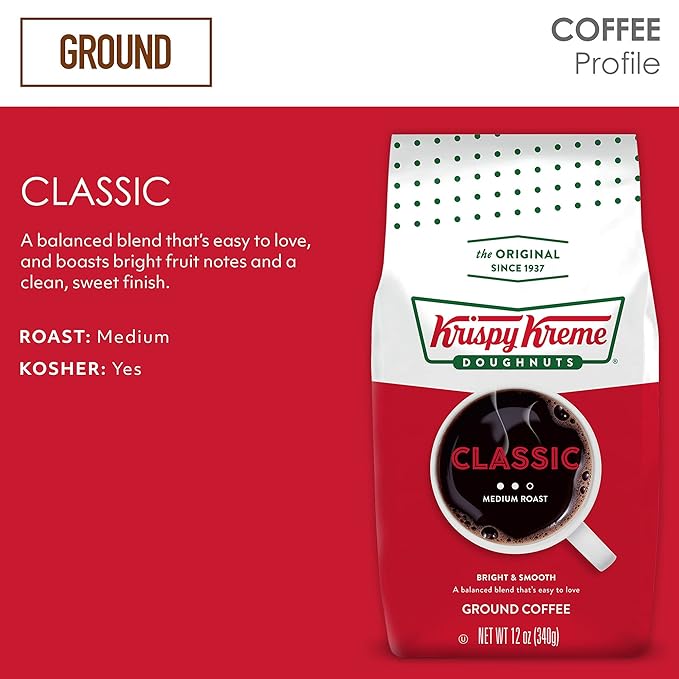 Krispy Kreme Doughnuts, Classic, Ground Coffee, Medium Roast, Bagged 12oz (Pack of 2)