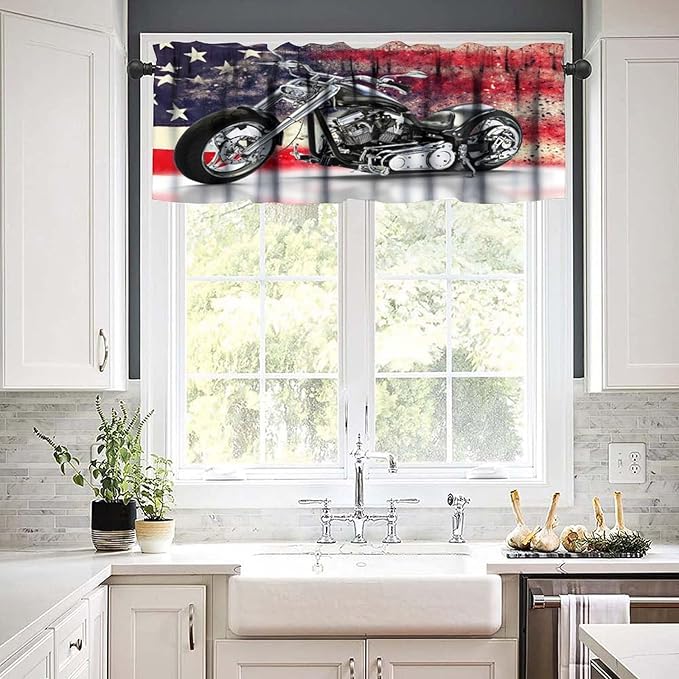 Motorcycle Valance Curtain Black Motorcycle American Flag Background Rod Pocket Valance Window Treatments Short Curtains for Kitchen Bathroom Farmhouse Living Room Decor 54x18inch