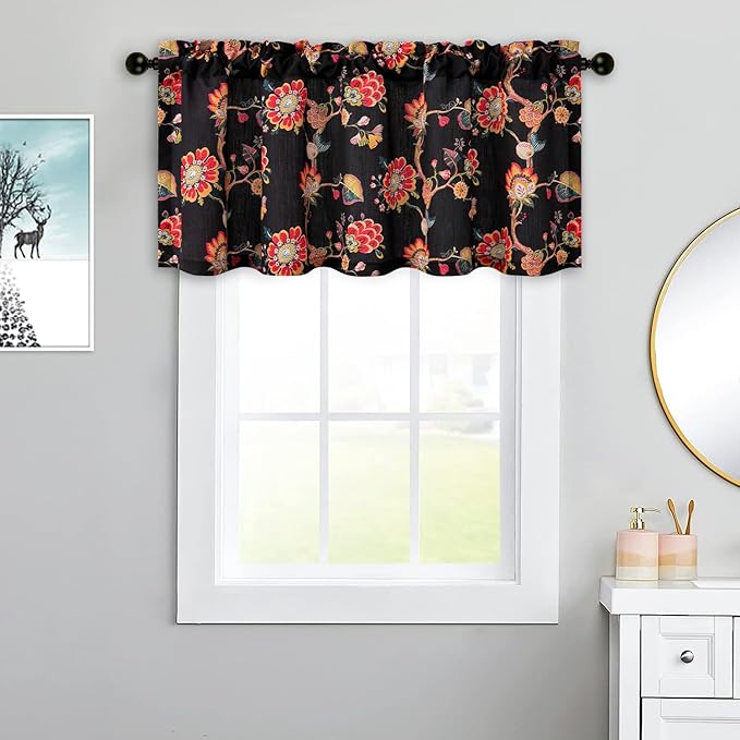 Leeva Vintage Floral Curtains Valances, Light Filtering Curtain Panel for Living Dining Room, Rod Pocket Design (1 Piece, 52 x 18, Red and Black)